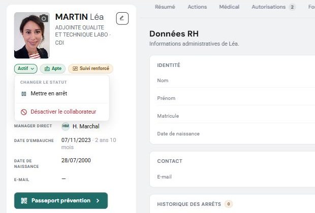Le menu de la pastille de statut