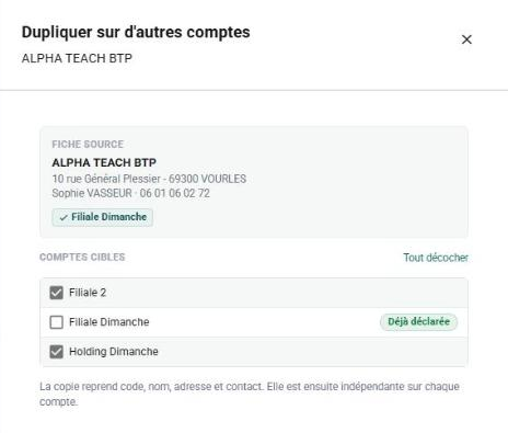Le panneau « Dupliquer sur d'autres comptes »