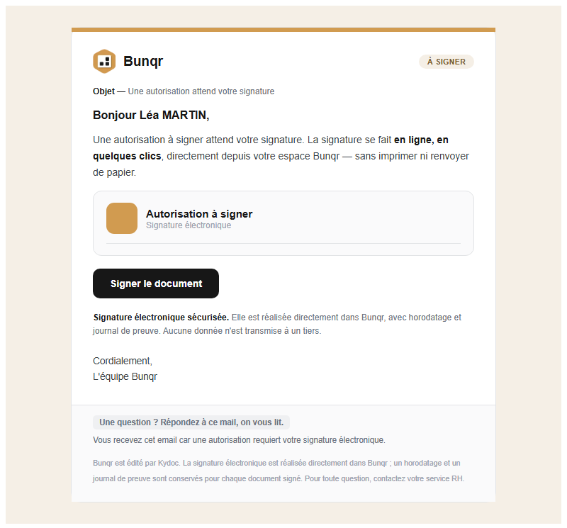 L'e-mail d'invitation à signer