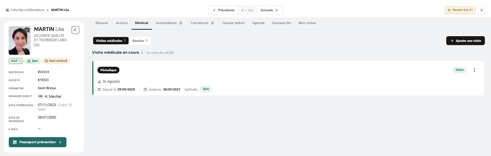 L'onglet Médical de la fiche, vue Visites médicales